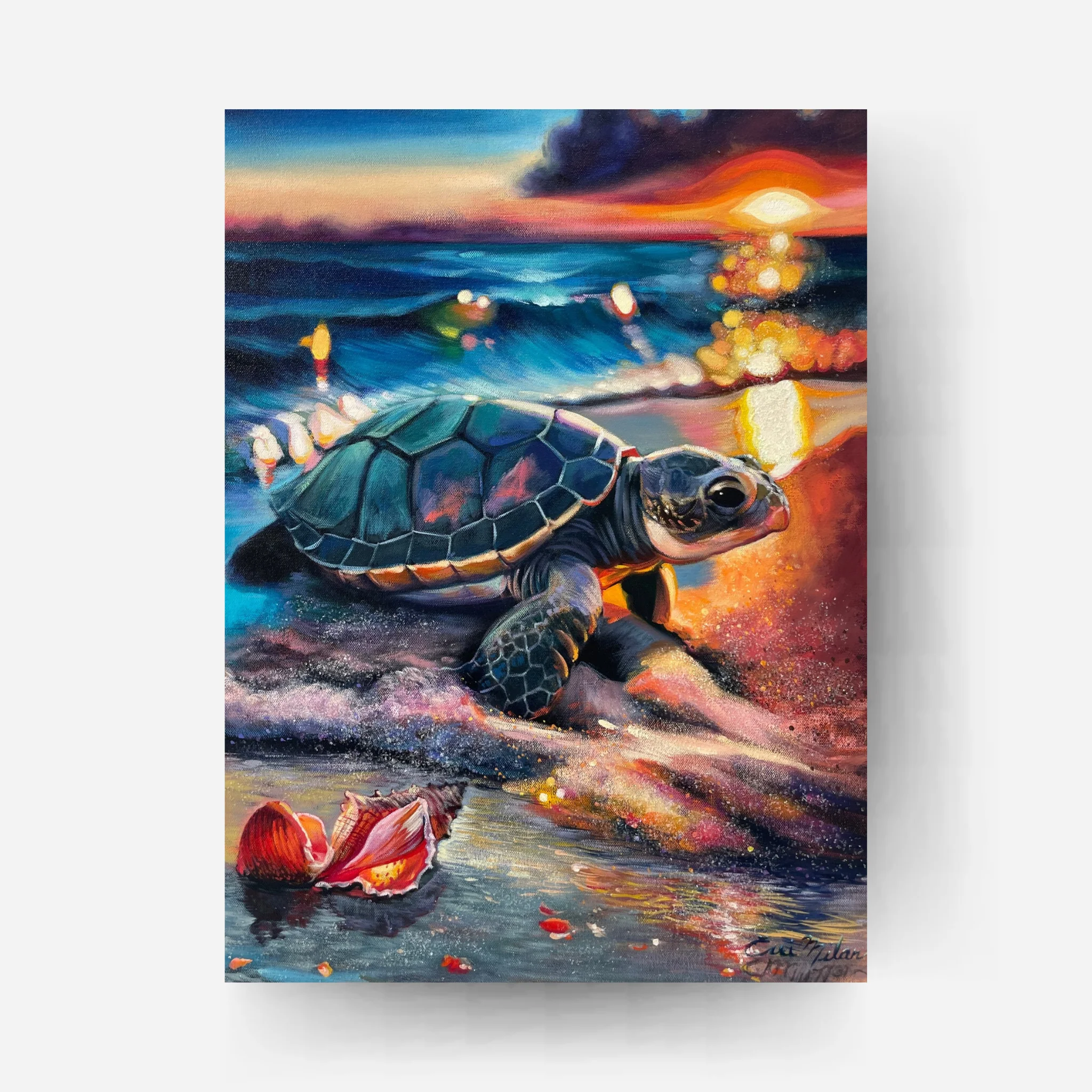 Baby sea turtle on a sunset beach